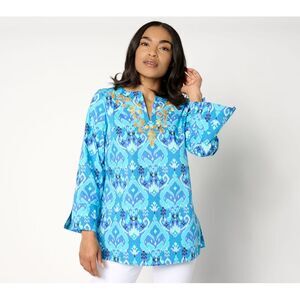 Bellisima by Kim Gravel Women's Top Sz M Ibiza Ikat Boutique NAVY A647806